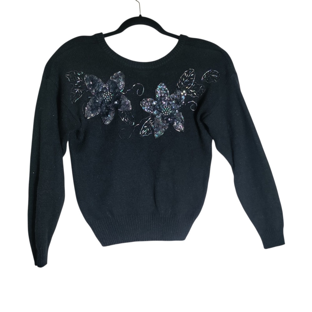 Vintage 80s/90s Black Beaded‎ Floral Sweater - Silk Angora Blend Size Small